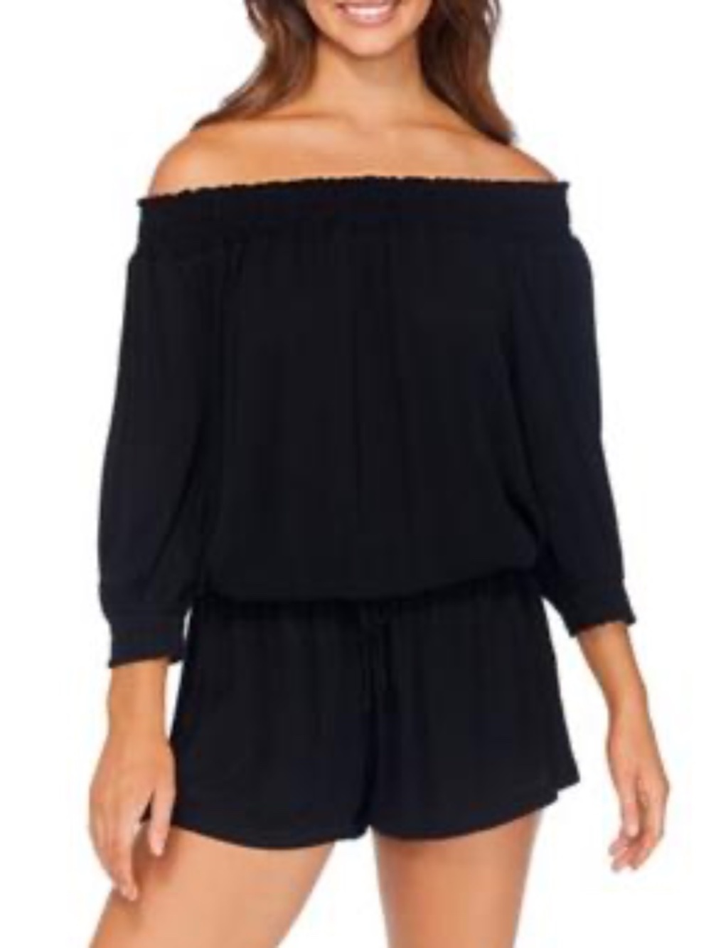 Juniors Solid West Coast Off-the-Shoulder Romper Cover-up Black